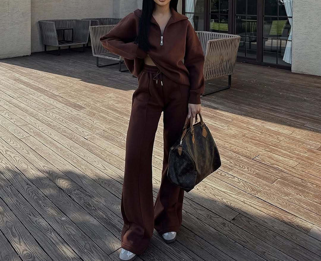 Two-piece Half-Cardigan Pullover Sweatshirt and Long Pants