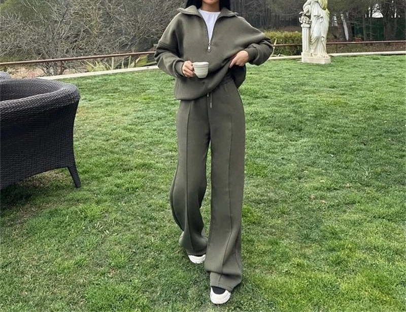 Two-piece Half-Cardigan Pullover Sweatshirt and Long Pants