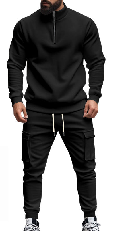 casual fleece-lined warm zipper men's sports pants suit