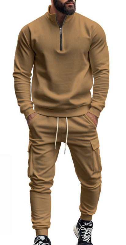 casual fleece-lined warm zipper men's sports pants suit
