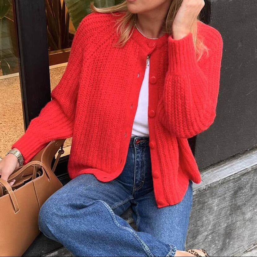 Street Fashion Casual Solid Color Knitted Cardigan Crewneck Long Sleeve Sweater