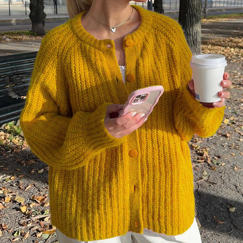 Street Fashion Casual Solid Color Knitted Cardigan Crewneck Long Sleeve Sweater