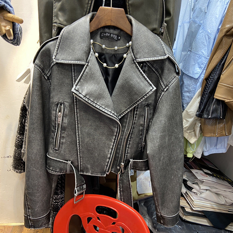 American Style Retro Motorcycle Style Lapel PU Leather Jacket