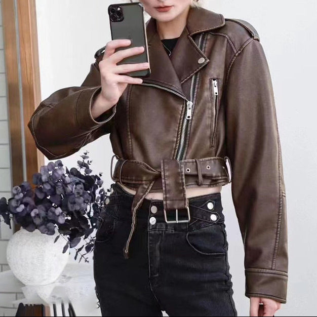 American Style Retro Motorcycle Style Lapel PU Leather Jacket