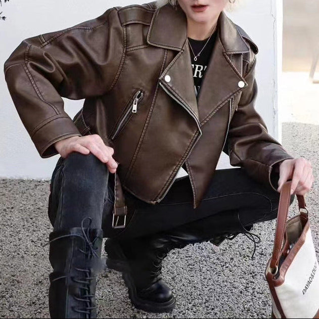 American Style Retro Motorcycle Style Lapel PU Leather Jacket