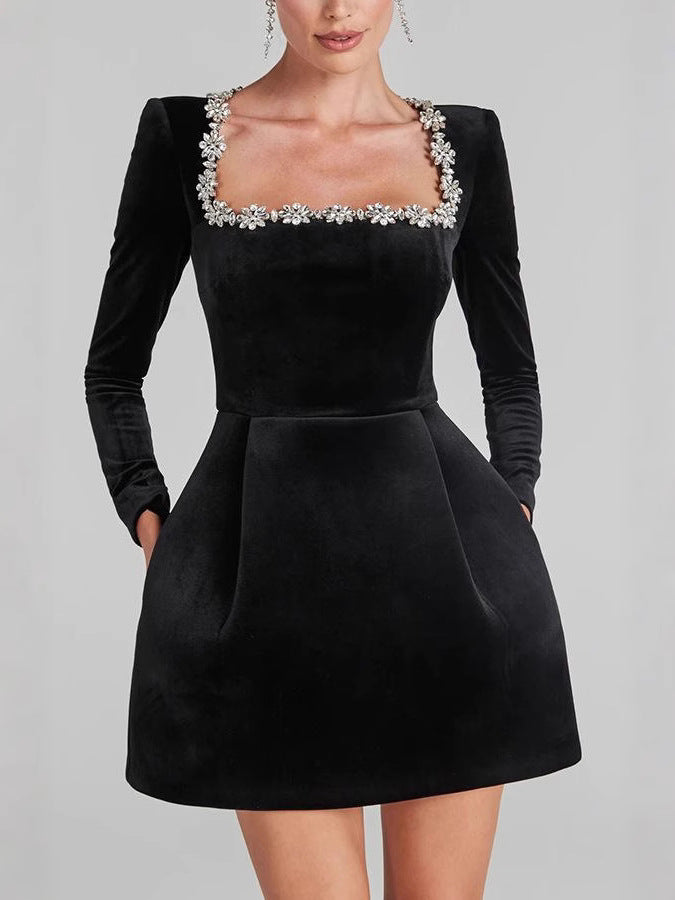 elegant square collar diamond short velvet dress