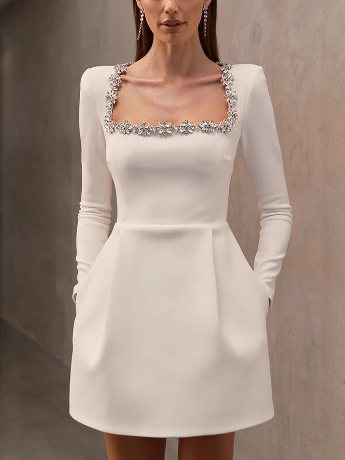 elegant square collar diamond short velvet dress