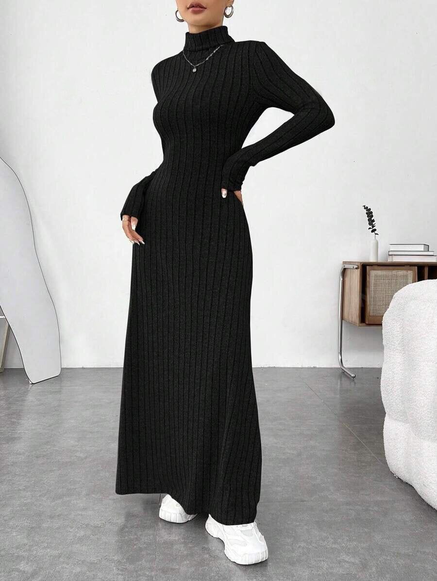 Slim-Fitting High Collar, Fashionable Solid Color Pit Strip Brushed Long-Sleeved Dress for Women
