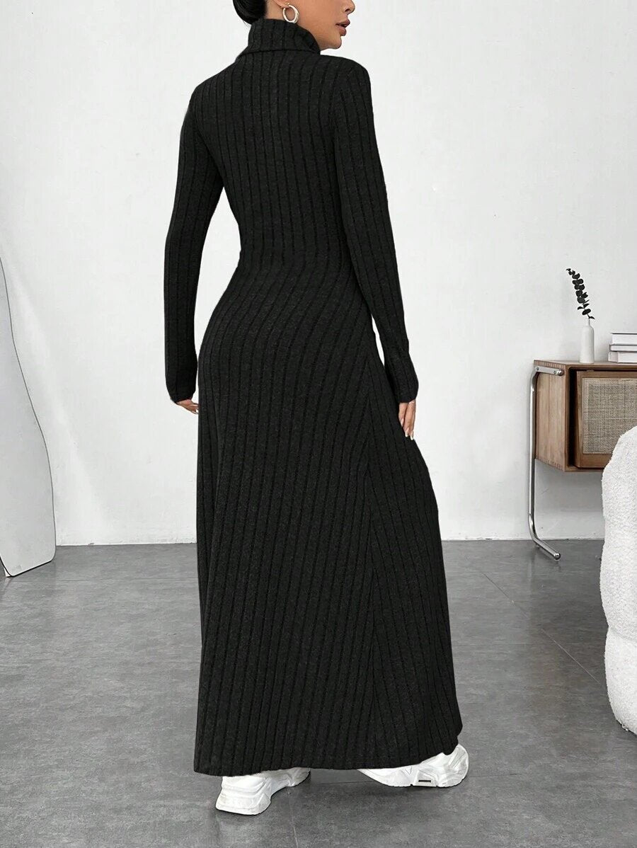 Slim-Fitting High Collar, Fashionable Solid Color Pit Strip Brushed Long-Sleeved Dress for Women