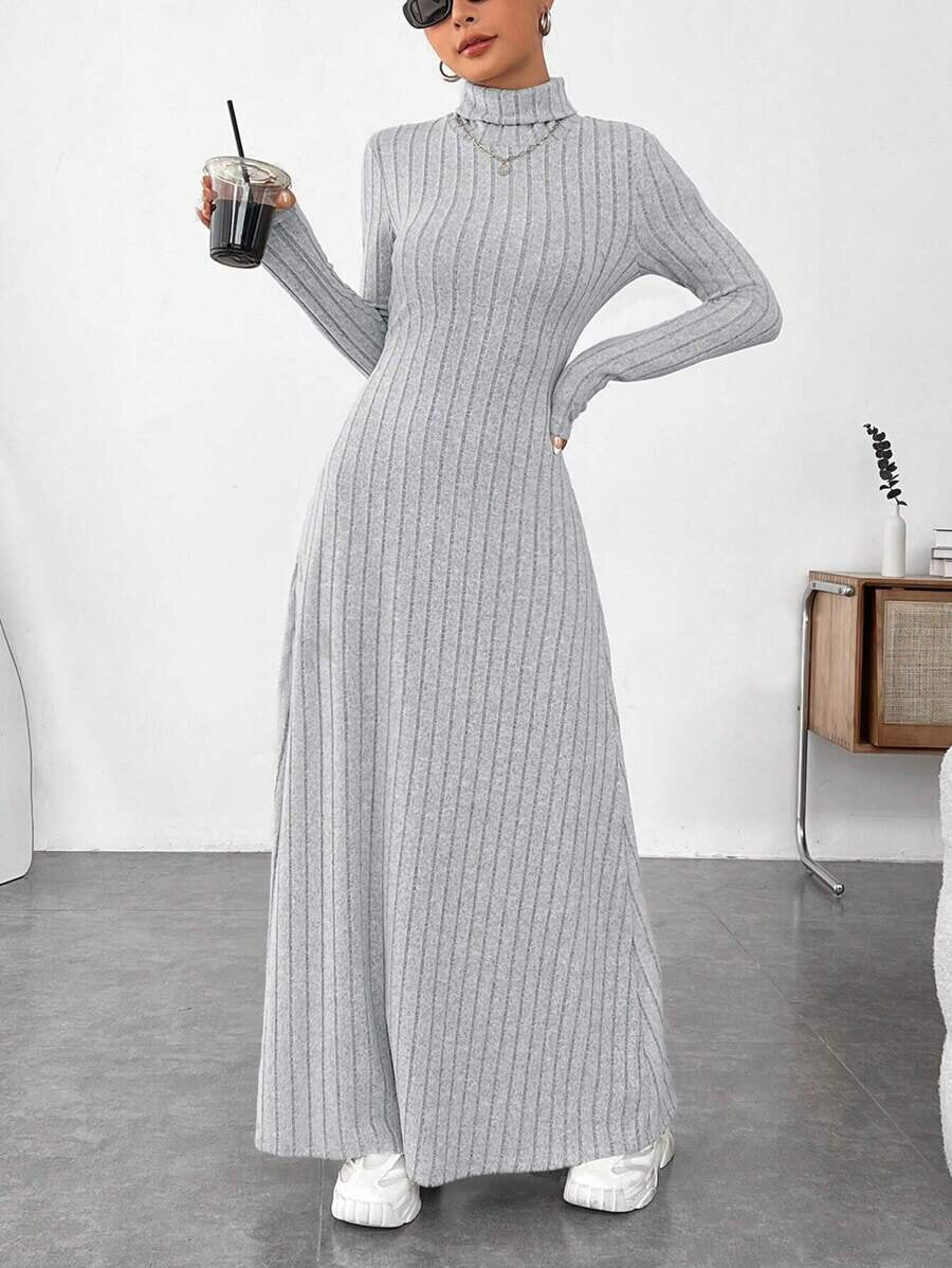 Slim-Fitting High Collar, Fashionable Solid Color Pit Strip Brushed Long-Sleeved Dress for Women