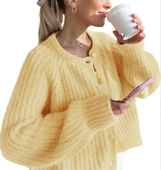 Street Fashion Casual Solid Color Knitted Cardigan Crewneck Long Sleeve Sweater