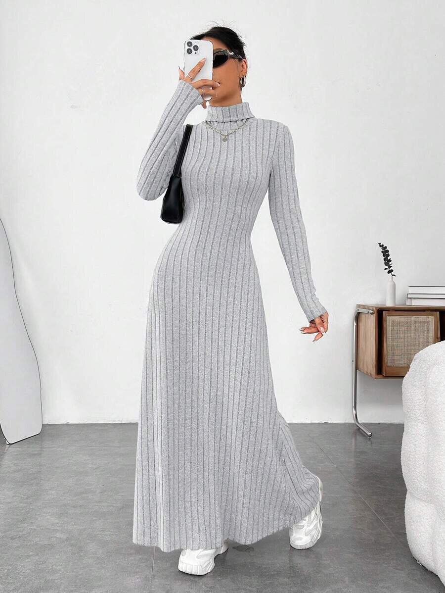 Slim-Fitting High Collar, Fashionable Solid Color Pit Strip Brushed Long-Sleeved Dress for Women