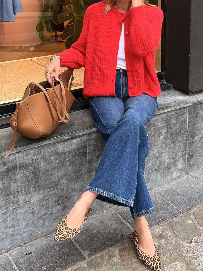 Street Fashion Casual Solid Color Knitted Cardigan Crewneck Long Sleeve Sweater