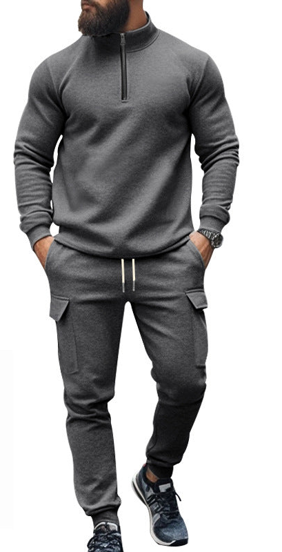 casual fleece-lined warm zipper men's sports pants suit