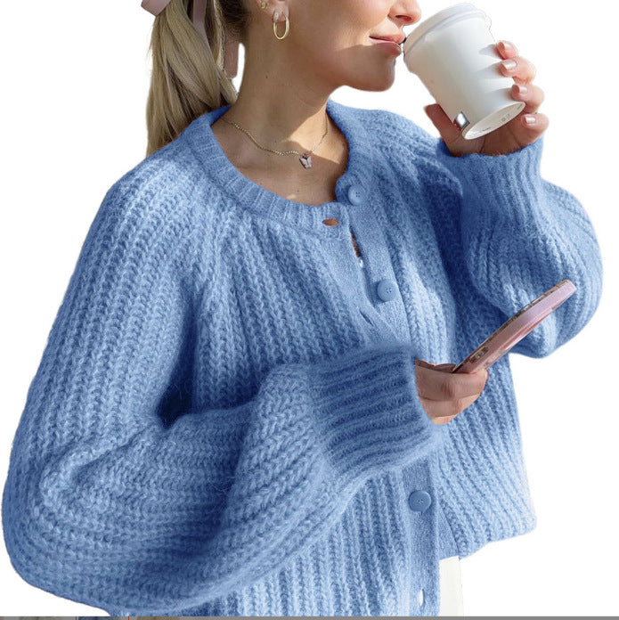 Street Fashion Casual Solid Color Knitted Cardigan Crewneck Long Sleeve Sweater