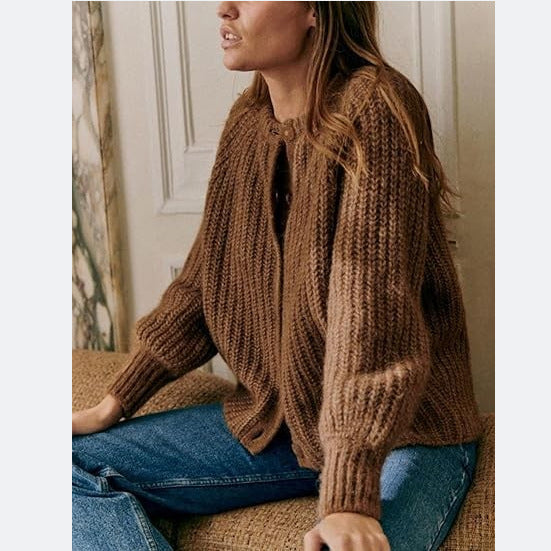 Street Fashion Casual Solid Color Knitted Cardigan Crewneck Long Sleeve Sweater