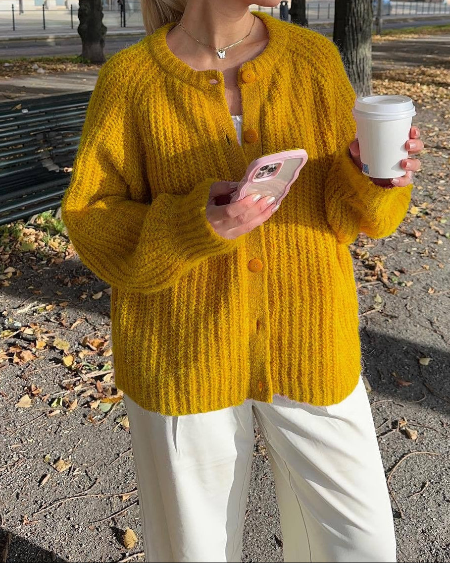 Street Fashion Casual Solid Color Knitted Cardigan Crewneck Long Sleeve Sweater