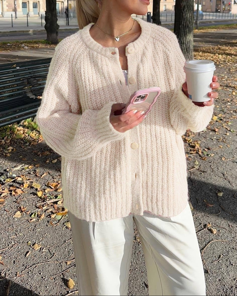 Street Fashion Casual Solid Color Knitted Cardigan Crewneck Long Sleeve Sweater