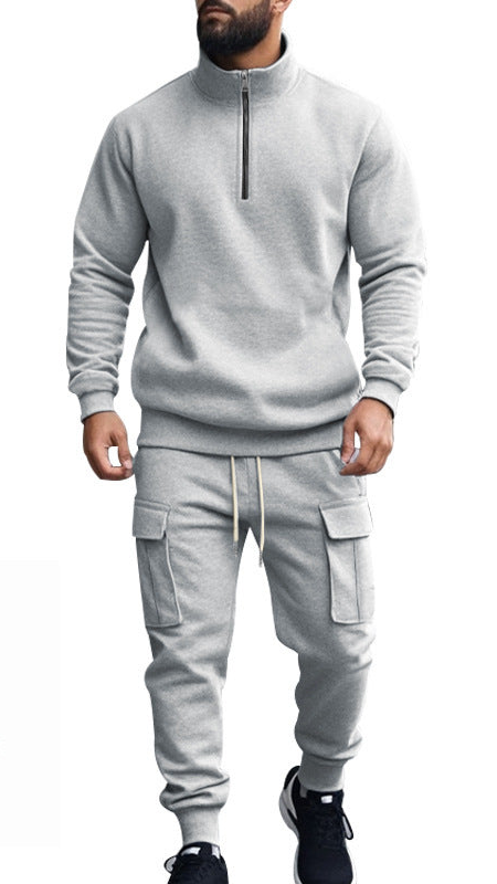 casual fleece-lined warm zipper men's sports pants suit