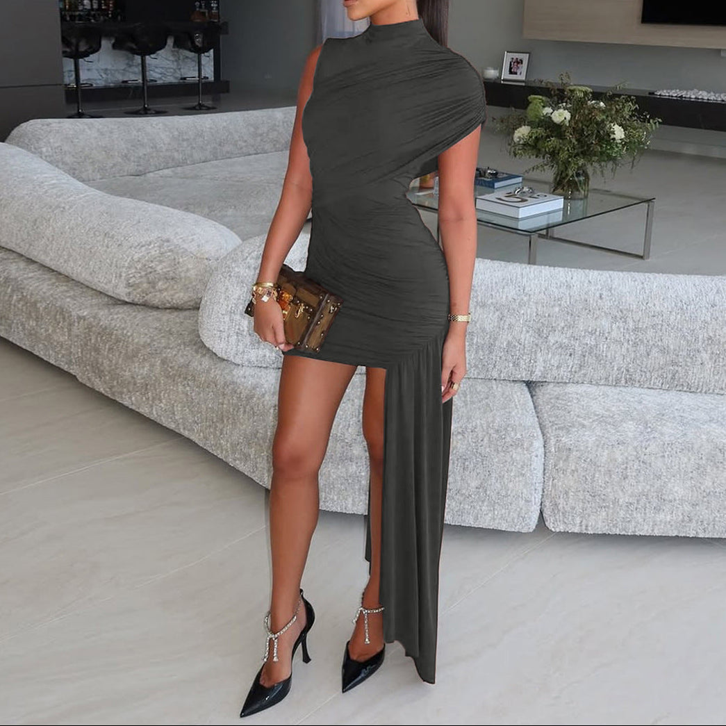 Slim-Fit Round Neck Gathered Hip-Hugging Irregular Sleeveless Dress