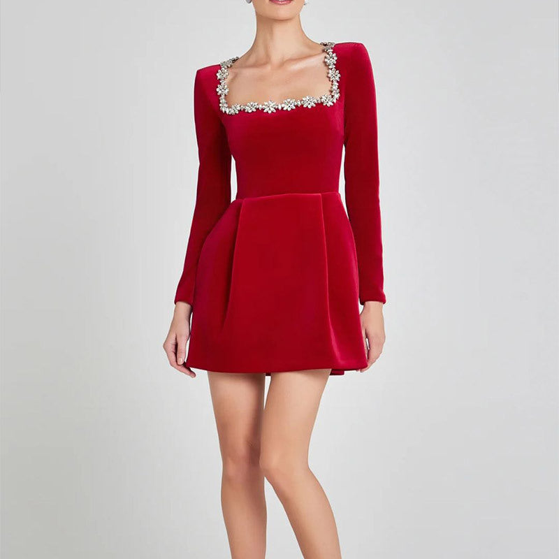 elegant square collar diamond short velvet dress